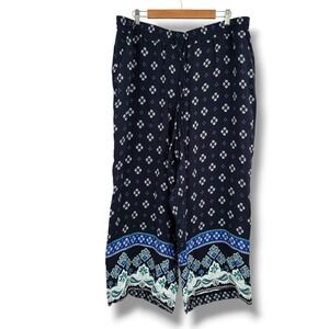 LOFT Navy Blue Floral Medallion Border Print Wide Leg Drawstring Pants Womens XL